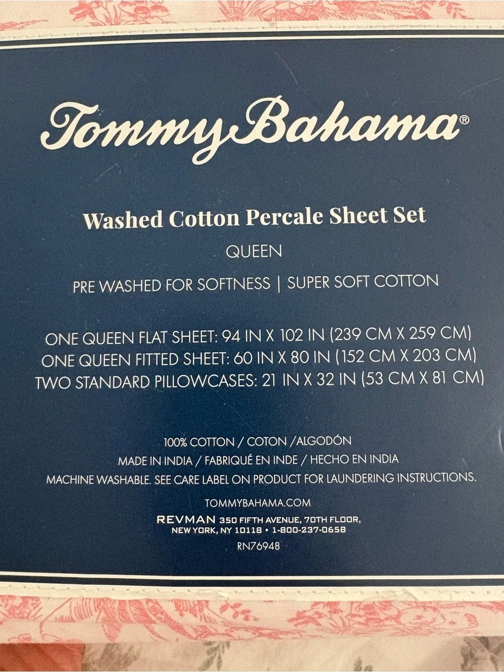 Tommy Bahama NWT Queen 100% Cotton Percale Sheet Set in Pen and Ink Palm/Pink